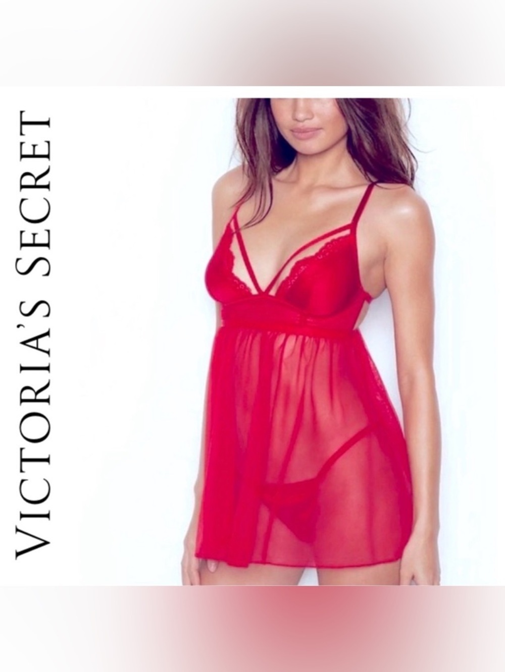 NWOT Victoria's Secret Red Sheer Babydoll Chemise Lace Double Strappy Dress S